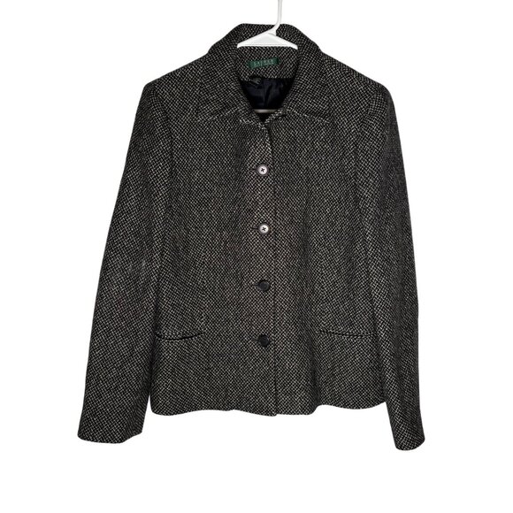 Lauren Ralph Lauren Womens Wool Blend Black/White Tweed Button-Front Jacket Size - Picture 1 of 5